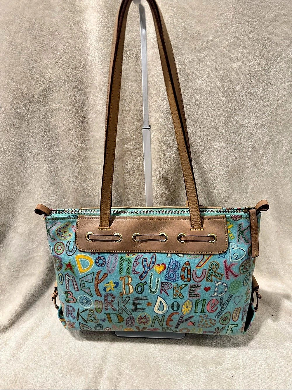 Dooney & Bourke Doodle II Coated Cotton Tote Blue & Brown - Picture 2 of 11